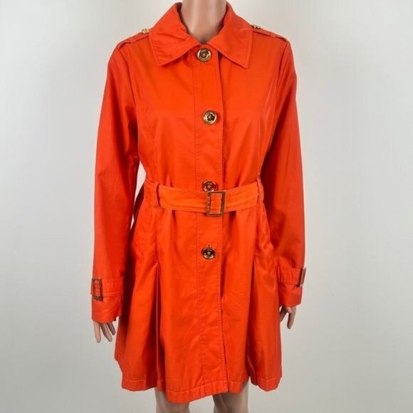 MICHAEL Michael Kors Single Breasted Pleated Trench Coat Rain Orange Size Medium - Picture 1 of 15